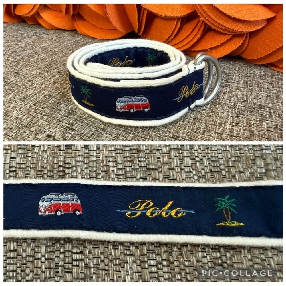 Polo Ralph Lauren nautical-themed D-ring woven cotton belt van & palm tree motif